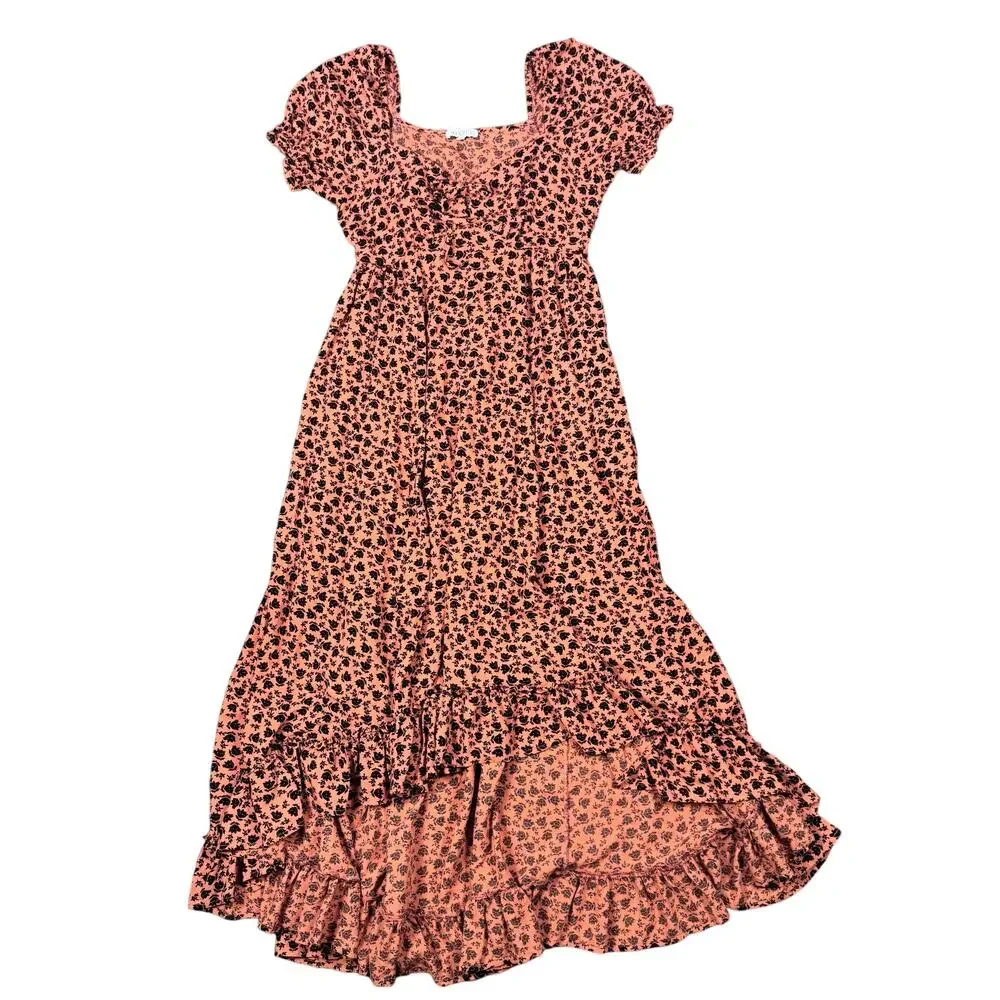 Patrons of Peace XS Adrian puff sleeve midi hi-low dress pink and black floral - Picture 1 of 15